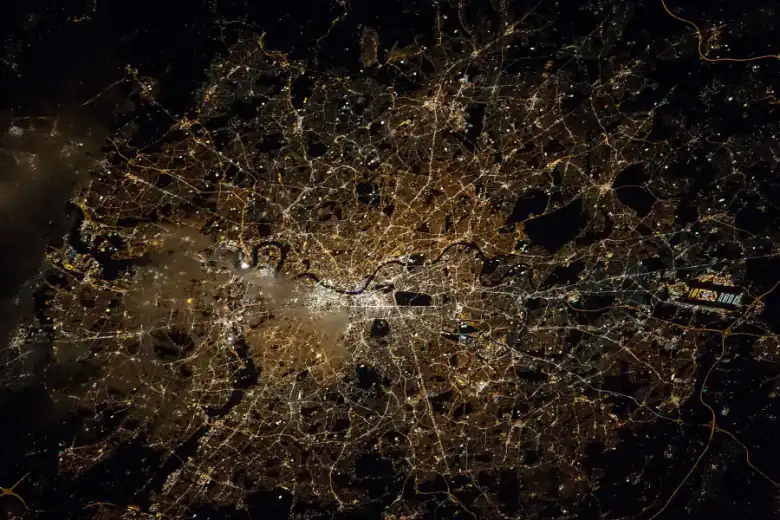 London at night, seen from the International Space Station